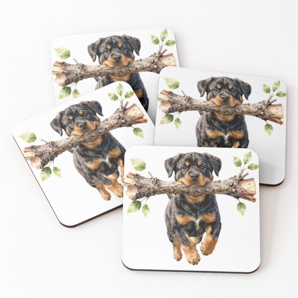 Item preview, Watercolor Rottweiler Puppy Holding Big Stick designed and sold by WildArtIT.