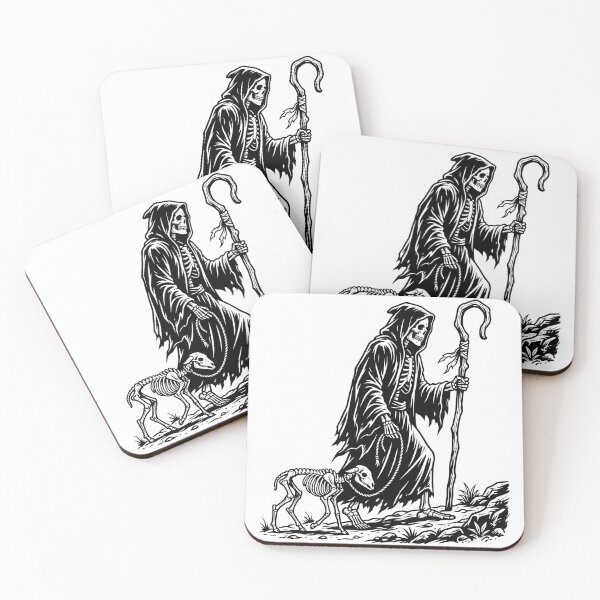 Item preview, Grim Reaper Shepherd with Staff Leading Skeleton Lamb Linocut designed and sold by MisteryDesigner.