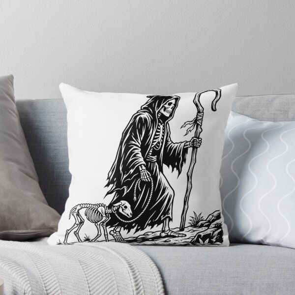 Item preview, Grim Reaper Shepherd with Staff Leading Skeleton Lamb Linocut designed and sold by MisteryDesigner.