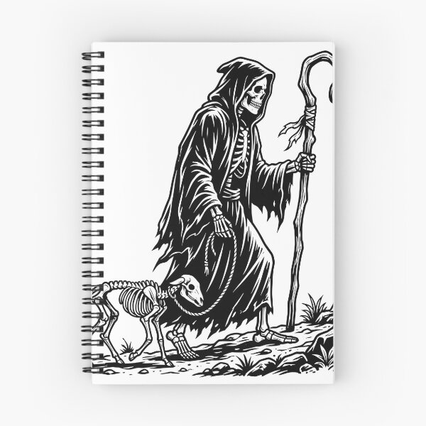 Item preview, Grim Reaper Shepherd with Staff Leading Skeleton Lamb Linocut designed and sold by MisteryDesigner.