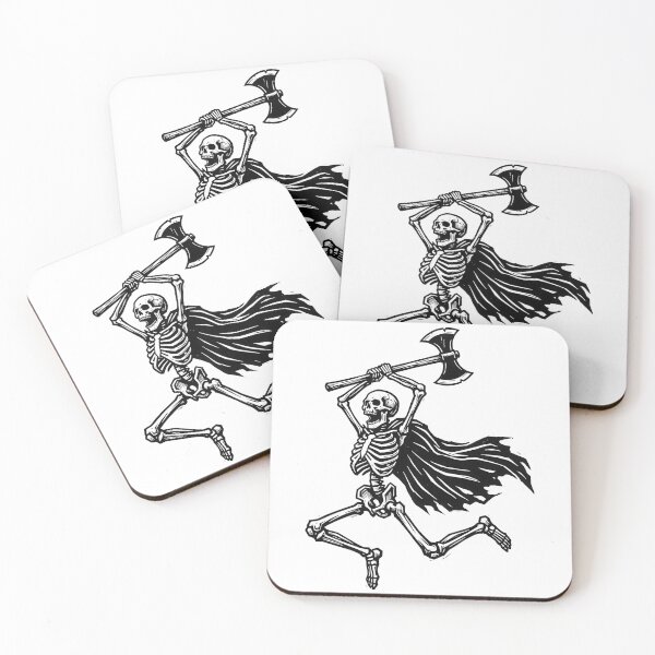 Item preview, Skeleton Warrior Running with Double Headed Battle Axe Vintage Linocut designed and sold by MisteryDesigner.
