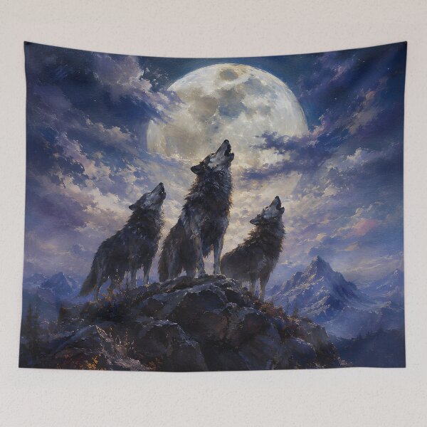Item preview, Three Wolves Moonlit Peak Fine Art Painting Wall Art Gift for Wildlife Lovers designed and sold by Nightarel.