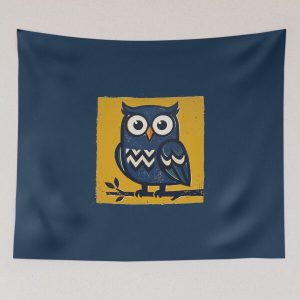 Item preview, Cute Blue Owl Retro Linocut Woodcut Block Print Art designed and sold by KiwiRider.