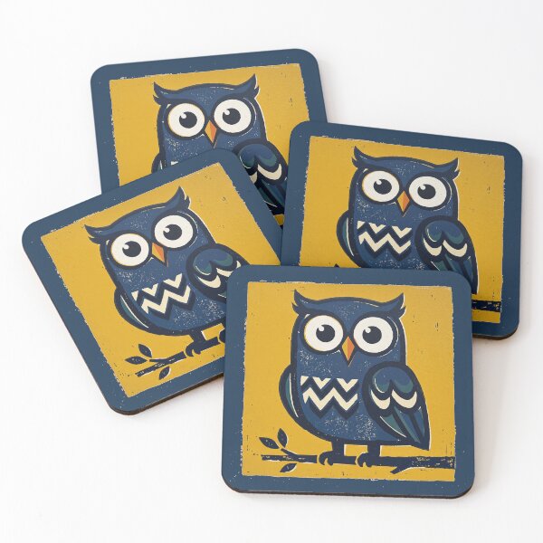 Item preview, Cute Blue Owl Retro Linocut Woodcut Block Print Art designed and sold by KiwiRider.