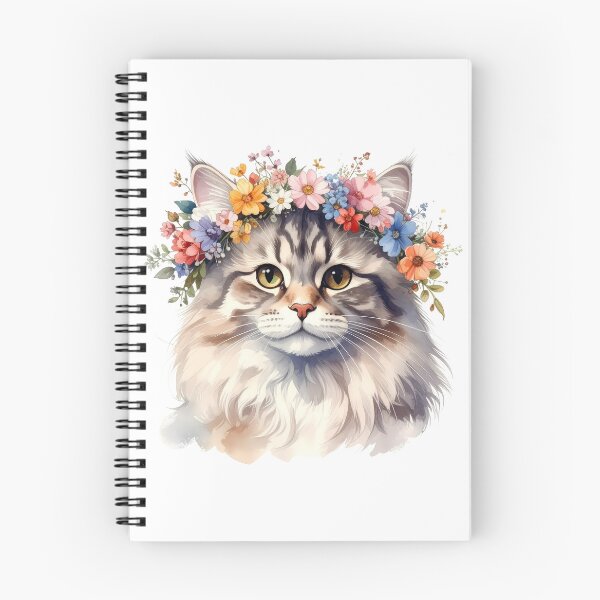 Artikelvorschau, Aquarellporträt einer flauschigen Katze mit Blumenkranz entworfen und verkauft von BetweenForms.