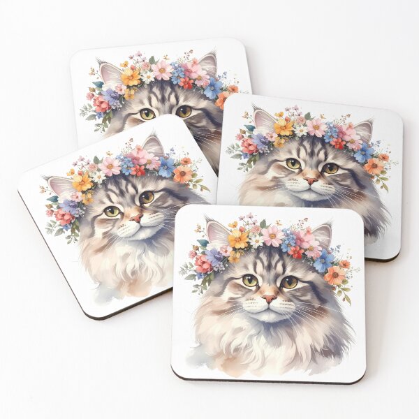 Item preview, Fluffy Cat Wearing Flower Crown Watercolor Portrait designed and sold by BetweenForms.