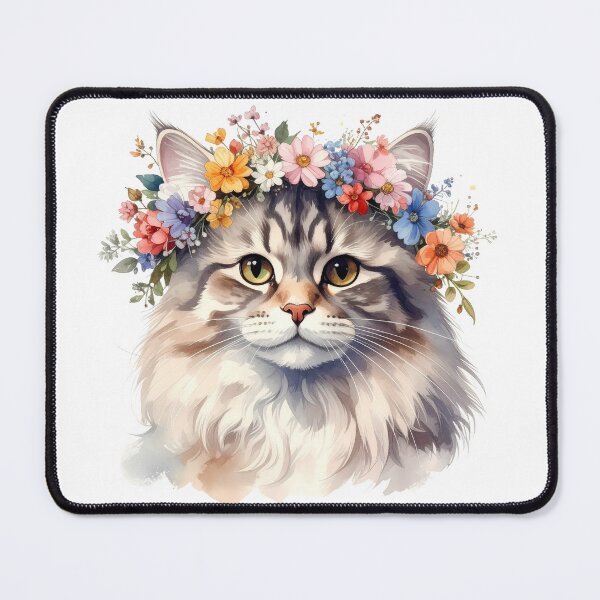 Item preview, Fluffy Cat Wearing Flower Crown Watercolor Portrait designed and sold by BetweenForms.
