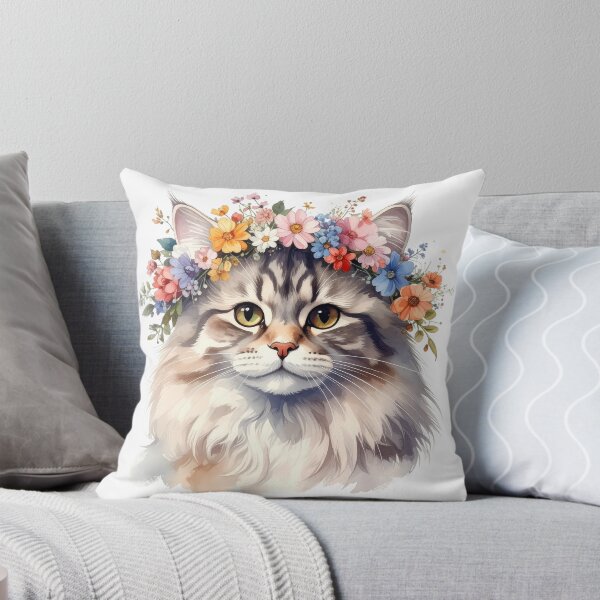 Item preview, Fluffy Cat Wearing Flower Crown Watercolor Portrait designed and sold by BetweenForms.
