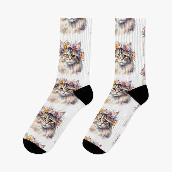 Item preview, Fluffy Cat Wearing Flower Crown Watercolor Portrait designed and sold by BetweenForms.