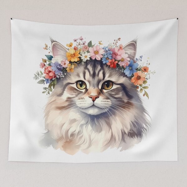 Item preview, Fluffy Cat Wearing Flower Crown Watercolor Portrait designed and sold by BetweenForms.