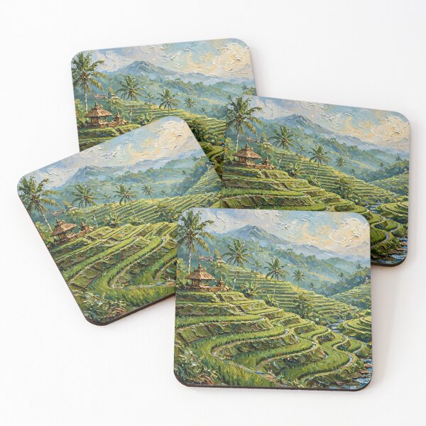 Item preview, Bali Rice Terraces And Palm Trees - Ubud Lush Green Tropical Landscape Painting designed and sold by Jozefin's Studio.