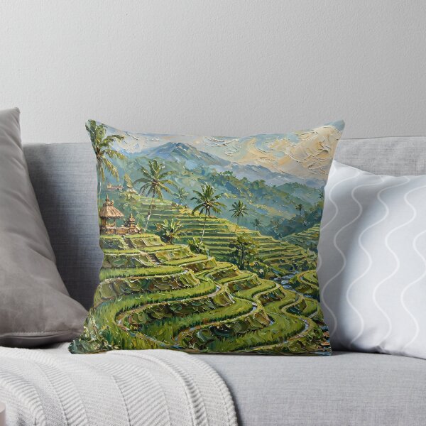 Item preview, Bali Rice Terraces And Palm Trees - Ubud Lush Green Tropical Landscape Painting designed and sold by Jozefin's Studio.