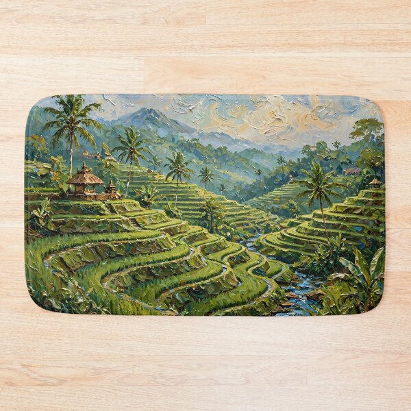 Item preview, Bali Rice Terraces And Palm Trees - Ubud Lush Green Tropical Landscape Painting designed and sold by Jozefin's Studio.