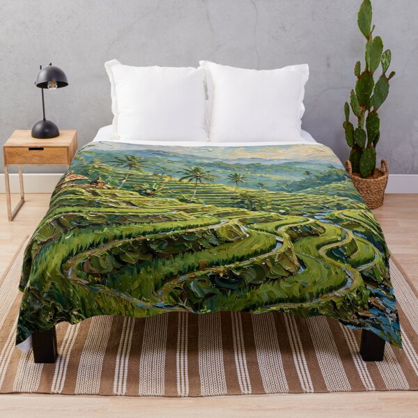 Item preview, Bali Rice Terraces And Palm Trees - Ubud Lush Green Tropical Landscape Painting designed and sold by Jozefin's Studio.