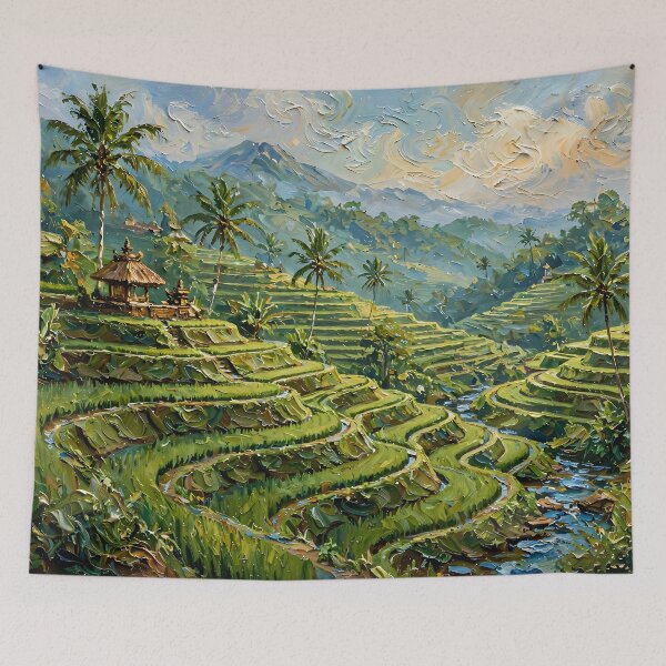 Item preview, Bali Rice Terraces And Palm Trees - Ubud Lush Green Tropical Landscape Painting designed and sold by Jozefin's Studio.