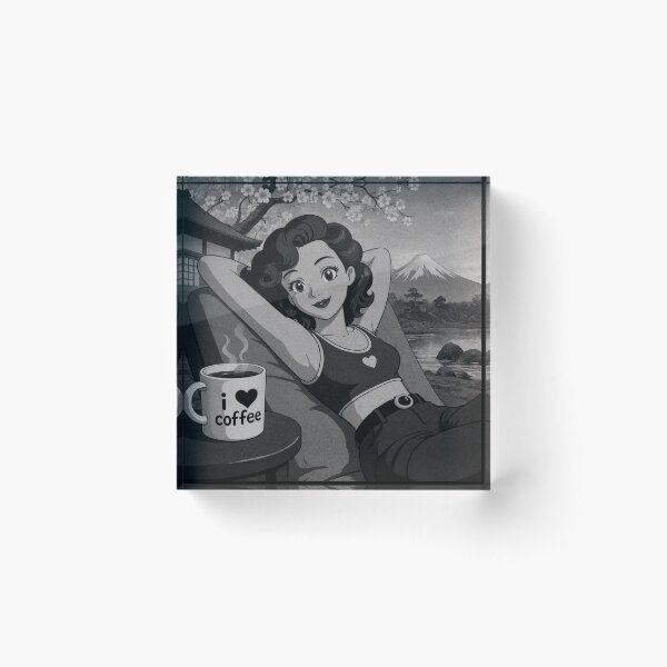 Item preview, Cute anime manga girl reclining with a cup of coffee designed and sold by Vintage Designs +.