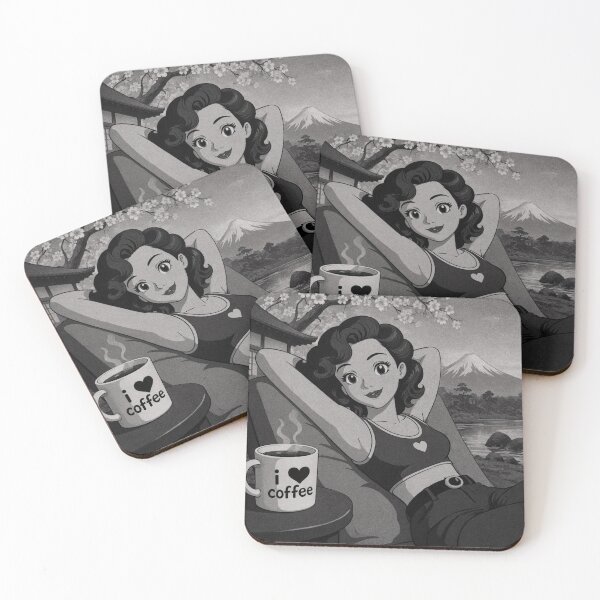 Item preview, Cute anime manga girl reclining with a cup of coffee designed and sold by Vintage Designs +.