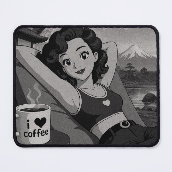 Item preview, Cute anime manga girl reclining with a cup of coffee designed and sold by Vintage Designs +.