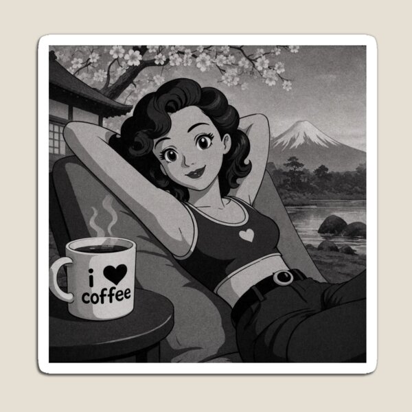 Item preview, Cute anime manga girl reclining with a cup of coffee designed and sold by Vintage Designs +.