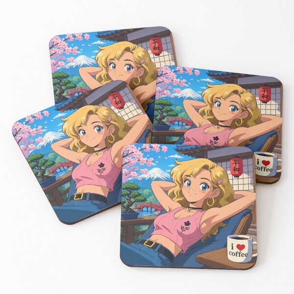 Item preview, Cute anime manga girl reclining with a cup of coffee designed and sold by Vintage Designs +.