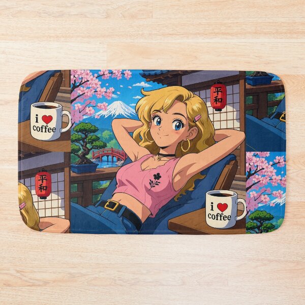 Item preview, Cute anime manga girl reclining with a cup of coffee designed and sold by Vintage Designs +.