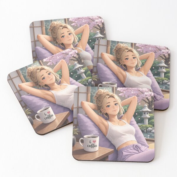 Item preview, Cute anime manga girl reclining with a cup of coffee designed and sold by Vintage Designs +.