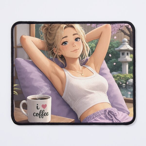 Item preview, Cute anime manga girl reclining with a cup of coffee designed and sold by Vintage Designs +.