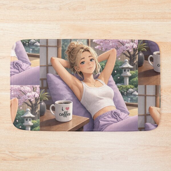 Item preview, Cute anime manga girl reclining with a cup of coffee designed and sold by Vintage Designs +.