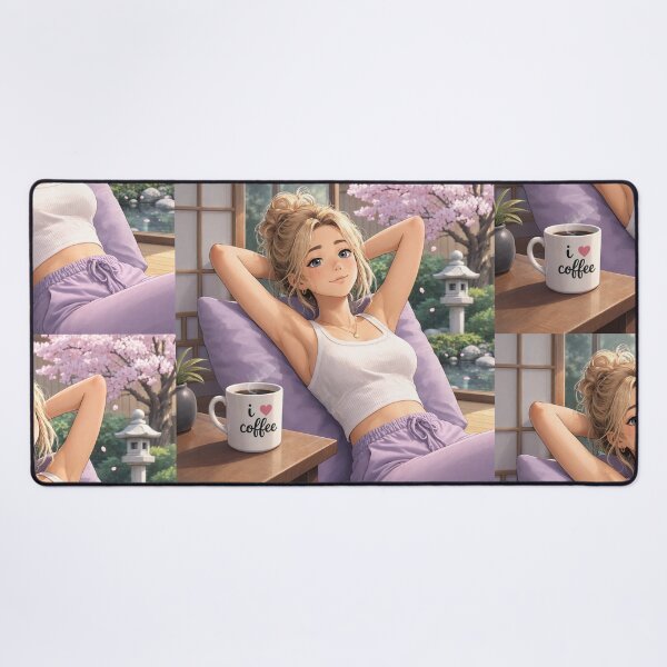 Item preview, Cute anime manga girl reclining with a cup of coffee designed and sold by Vintage Designs +.
