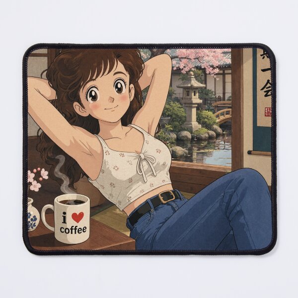 Item preview, Cute anime manga girl reclining with a cup of coffee designed and sold by Vintage Designs +.