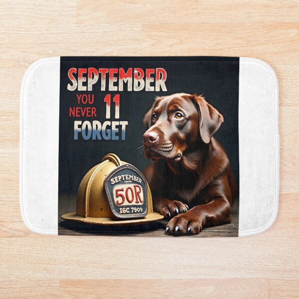 Item preview, SEPTEMBER 11 YOU NEVER FORGET CHOCOLATE LABRADOR FIREFIGHTER DOG ART designed and sold by PawsStudioAU.