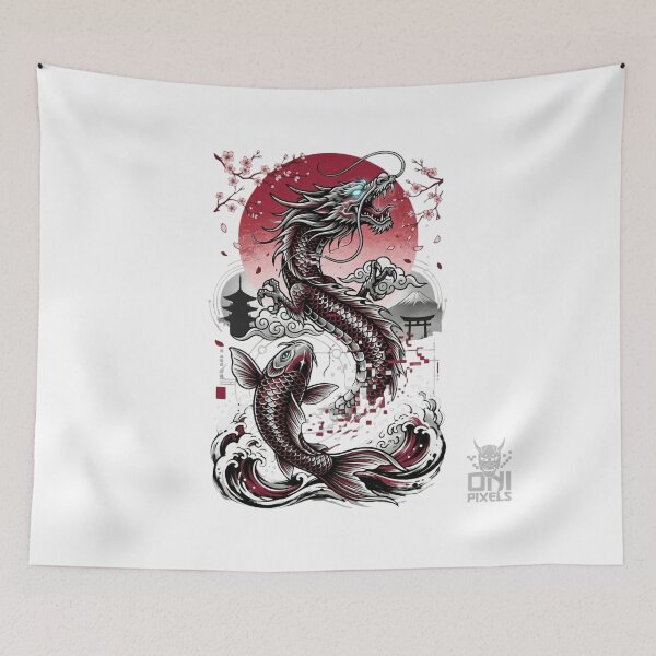 Item preview, Japanese Dragon Koi Fish – Fuji Sakura Traditional Tattoo Design Oni Pixels designed and sold by Oni-Pixels.