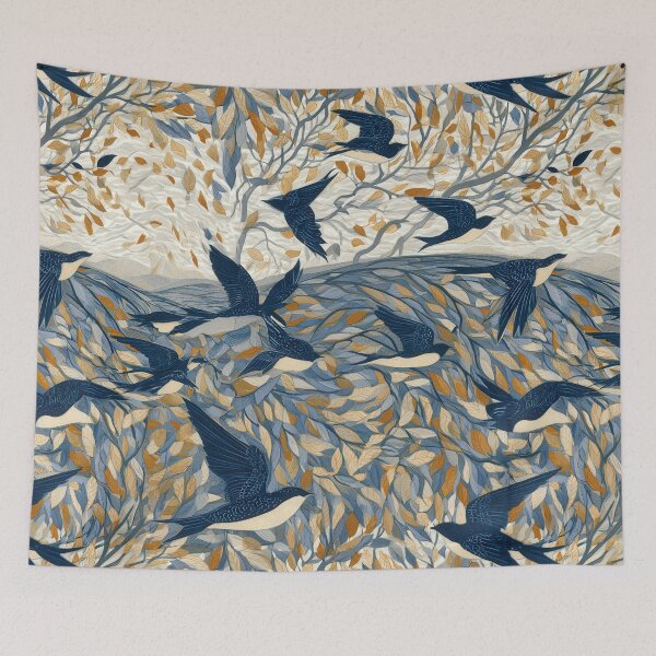 Item preview, Intricate Indigo Swallows & Autumn Canopy Tapestry designed and sold by TJ Art and Camera.