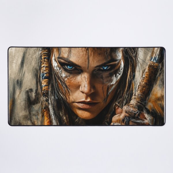 Item preview, Female Warrior Wall Art – Fierce Barbarian Queen Fantasy Portrait with Blue Eyes and Tribal Face Paint designed and sold by DrakariArt.