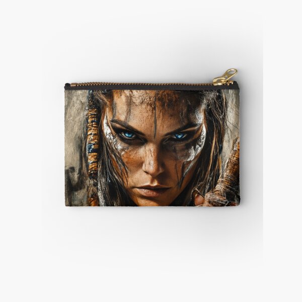 Item preview, Female Warrior Wall Art – Fierce Barbarian Queen Fantasy Portrait with Blue Eyes and Tribal Face Paint designed and sold by DrakariArt.