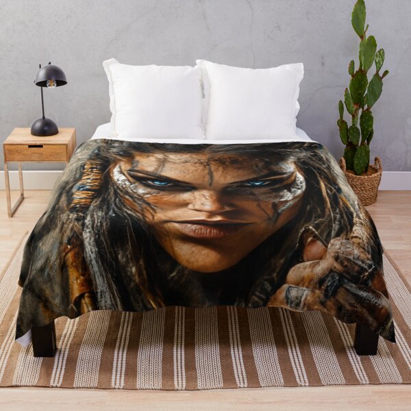 Item preview, Female Warrior Wall Art – Fierce Barbarian Queen Fantasy Portrait with Blue Eyes and Tribal Face Paint designed and sold by DrakariArt.