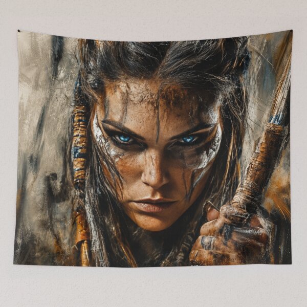 Item preview, Female Warrior Wall Art – Fierce Barbarian Queen Fantasy Portrait with Blue Eyes and Tribal Face Paint designed and sold by DrakariArt.