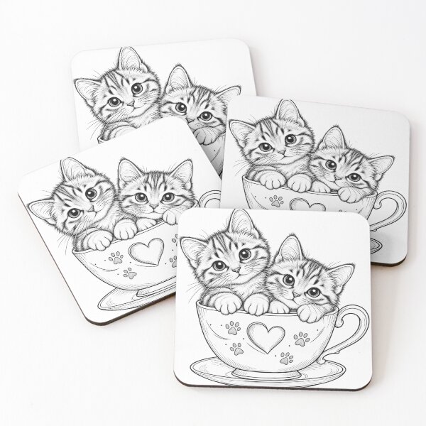 Item preview, Two Cute Kittens in Teacup — Heart & Paw Prints Line Art designed and sold by Tee Visions.
