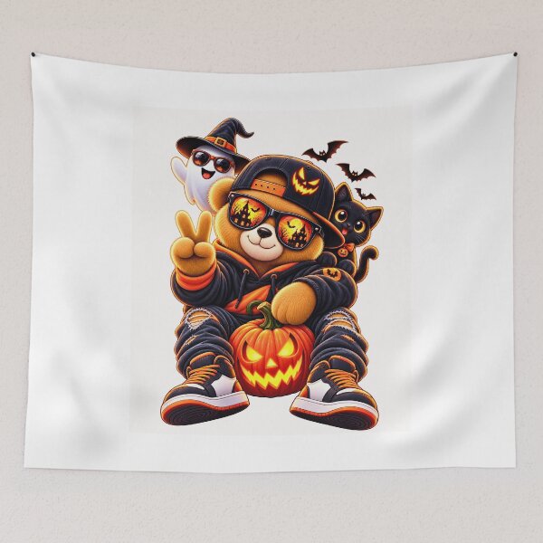 Item preview, Spooky Halloween Teddy Bear – Ghost, Black Cat & Pumpkin designed and sold by ArtSpark Studio.
