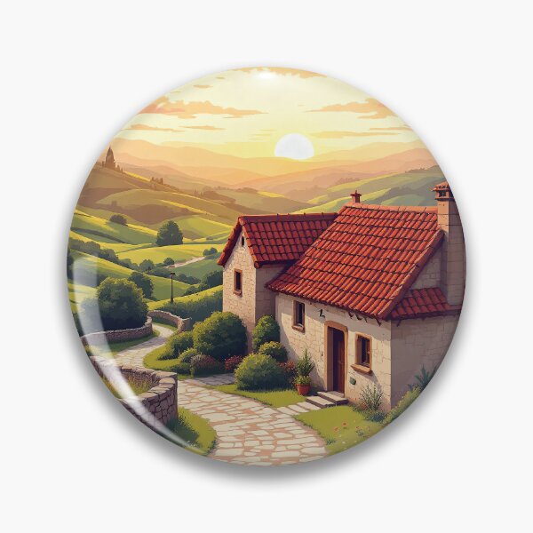 Item preview, Basque Stone Farmhouse at Sunset — Illustrated Rolling Hills Landscape designed and sold by DONOSTIADESIGN.