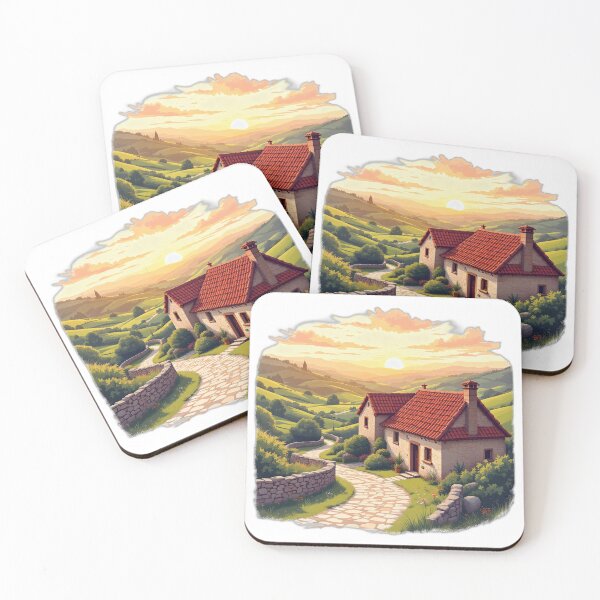 Item preview, Basque Stone Farmhouse at Sunset — Illustrated Rolling Hills Landscape designed and sold by DONOSTIADESIGN.