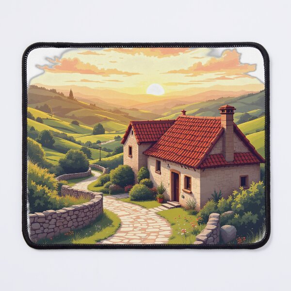 Item preview, Basque Stone Farmhouse at Sunset — Illustrated Rolling Hills Landscape designed and sold by DONOSTIADESIGN.
