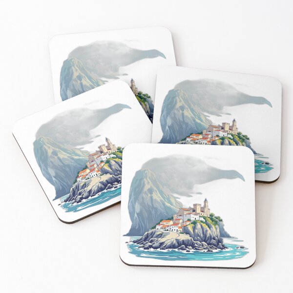 Item preview, Basque Coastal Castle & Whale Shadow — Vintage Cantabrian Cliffside Illustration designed and sold by DONOSTIADESIGN.