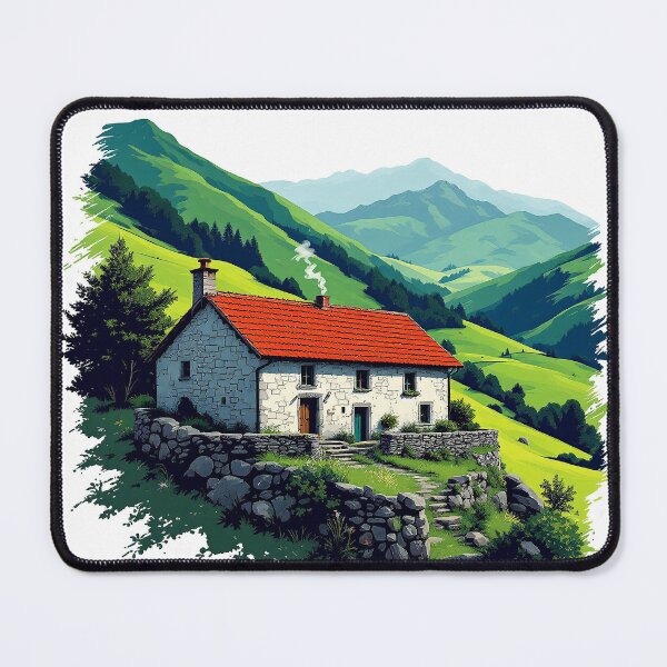 Item preview, Basque Baserri Farmhouse — Vintage Green Valley Illustration Art designed and sold by DONOSTIADESIGN.