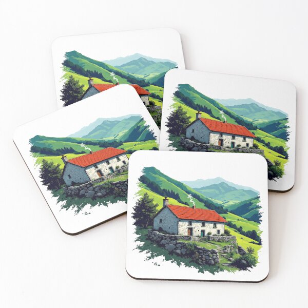 Item preview, Basque Baserri Farmhouse — Vintage Green Valley Illustration Art designed and sold by DONOSTIADESIGN.