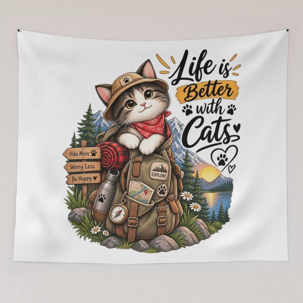 Item preview, Adventure Cat Explore More Worry Less | Hiking Cat T-Shirt designed and sold by ✨ Daily Vibe Studio ✨.