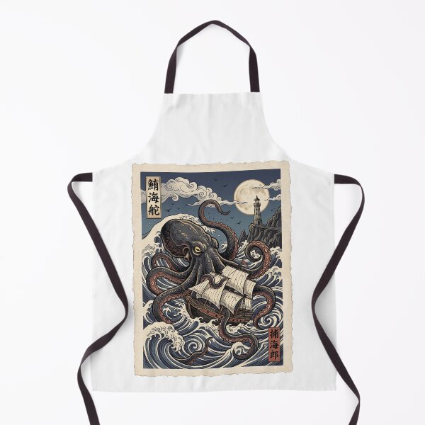 Item preview, Japanese Ukiyo-e Kraken Lighthouse Linocut Woodblock Ocean designed and sold by TeeARTHY.