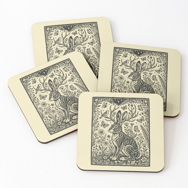 Item preview, Linocut Jackalope Butterflies Folklore Floral Rabbit designed and sold by Y-Vibes.