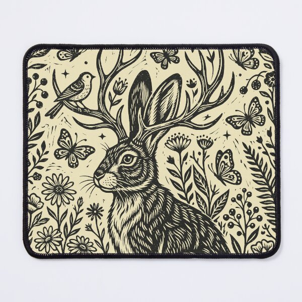 Item preview, Linocut Jackalope Butterflies Folklore Floral Rabbit designed and sold by Y-Vibes.