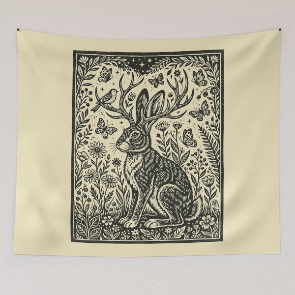 Item preview, Linocut Jackalope Butterflies Folklore Floral Rabbit designed and sold by Y-Vibes.